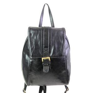 Hexagona BLACK REAL LEATHER ZIP AROUND FLAP BACKPACK SHOULDER BAG HANDBAG PURSE